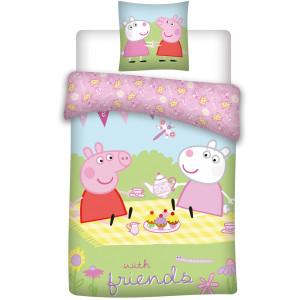 Parure de Lit Enfant Peppa Pig Friends, 100% Coton Oeko-Tex, Lit 1 place, Housse de Couette 140x200 cm, Taie d'Oreiller 65x65 cm