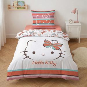 Parure de Lit Enfant Hello Kitty Butterfly, Polycoton Oeko-Tex, Lit 1 place, Housse de Couette 140x200 cm, Taie d'Oreiller 65x65