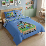 Parure de Lit double Minecraft Bleue, Polycoton Oeko-Tex, Housse de Couette 240x220 cm, 2 Taies d'Oreiller 65x65 cm