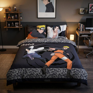 Parure de Lit double Naruto et Sasuke, Polycoton Oeko-Tex, Housse de Couette 240x220 cm, 2 Taies d'Oreiller 65x65 cm
