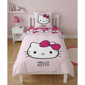 Parure de Lit Enfant Hello Kitty Pink, Polycoton Oeko-Tex, Lit 1 place, Housse de Couette 140x200 cm, Taie d'Oreiller 65x65 cm